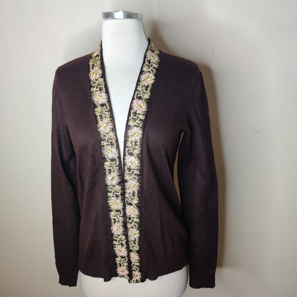 Cache Embroidered Cardigan Beaded Sequin Trim Open Front - Picture 4 of 12